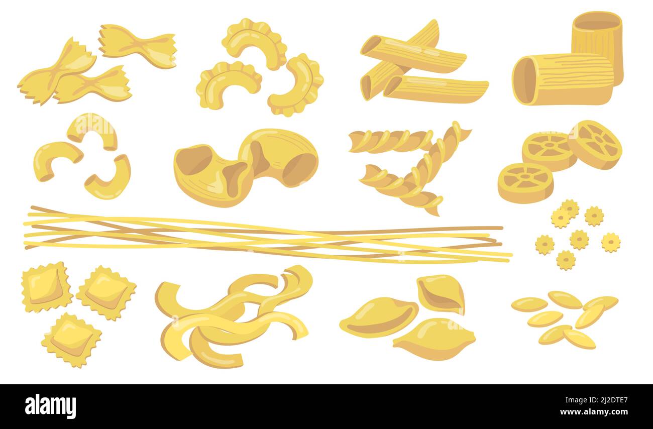 Assortimento di pasta. Macaroni di grano crudo, tagliatelle, penne, ravioli, spaghetti isolati su sfondo bianco. Illustrazione vettoriale per ingredienti, cucina Illustrazione Vettoriale