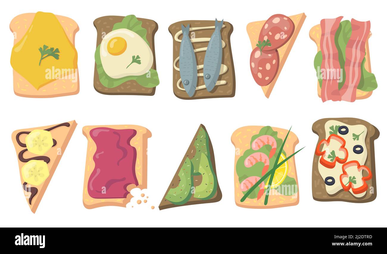 Vari gustosi toast set piatto per il web design. Pane sandwich di cartone animato con uova, pesce, formaggio, fette di avocado, pancetta isolato vettore illustrazione colle Illustrazione Vettoriale