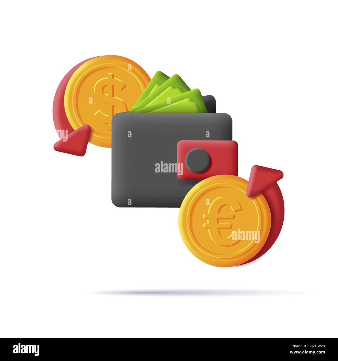 Portafoglio denaro con carta verde dollari e monete d'oro. 3d rendere styly illustrazione con le monete di tasso di cambio, isolato Illustrazione Vettoriale