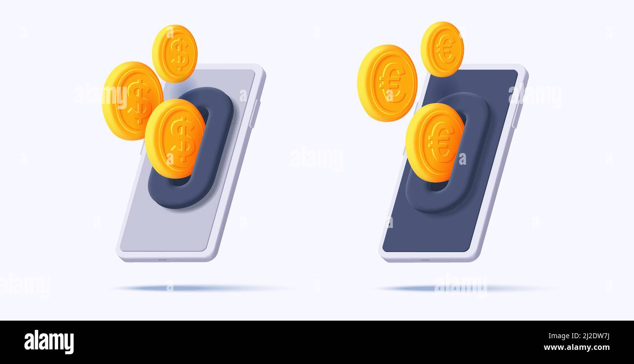Le monete d'oro escono dallo slot sullo schermo dello smartphone. Euro e dollaro denaro 3D illustrazione, applicazione mobile Illustrazione Vettoriale