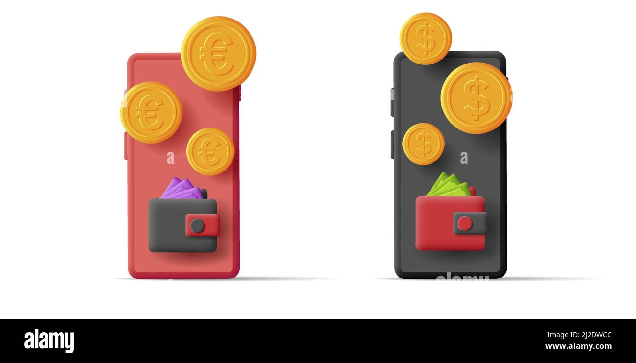 3d illustrazione di uno smartphone con portafoglio e banconote e monete in euro e dollari, isolato Illustrazione Vettoriale