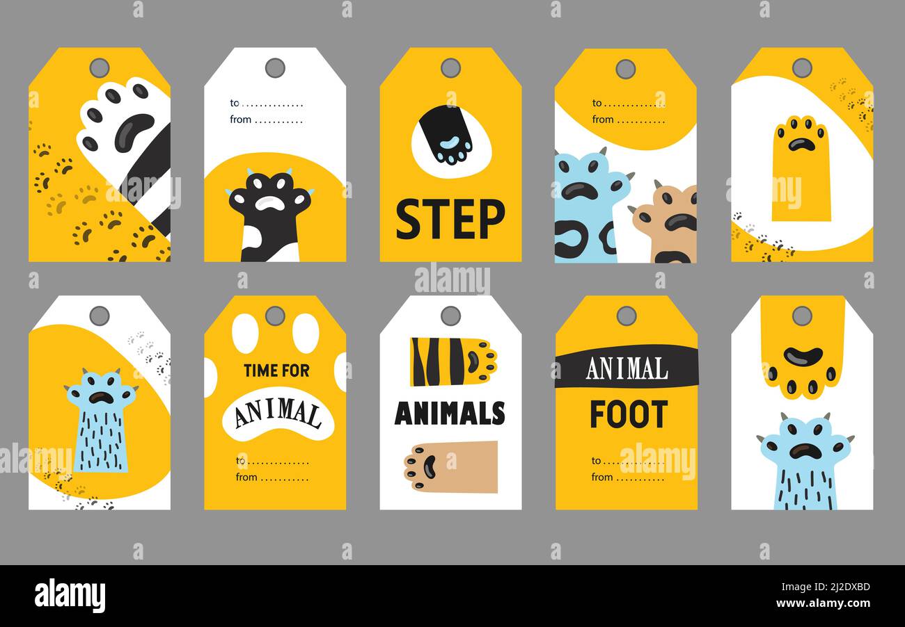 Set di etichette per il piede animale. Illustrazioni vettoriali di zampe e artigli Cat con testo su sfondo bianco e giallo. Caffè o negozio di animali domestici ammessi per volantini, Illustrazione Vettoriale
