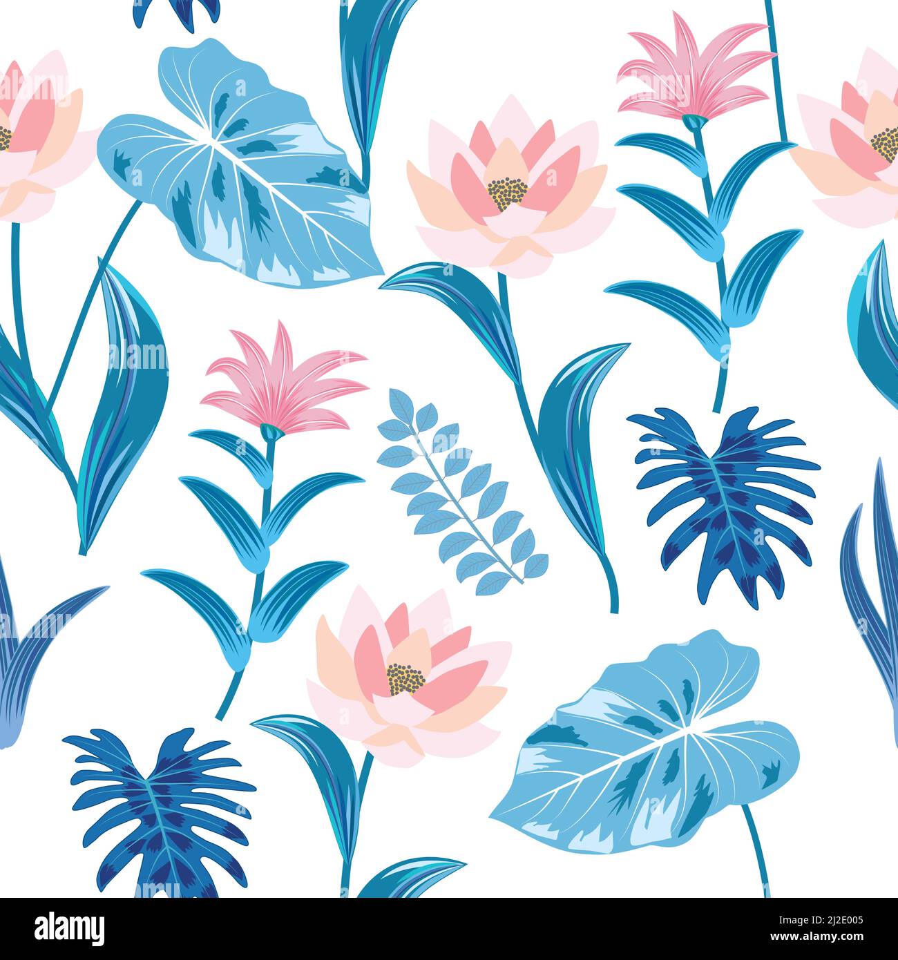 Blu e rosa senza giunture modello vettoriale di giungla esotica pianta tropicale foglie di palma e fiori. Illustrazione Vettoriale