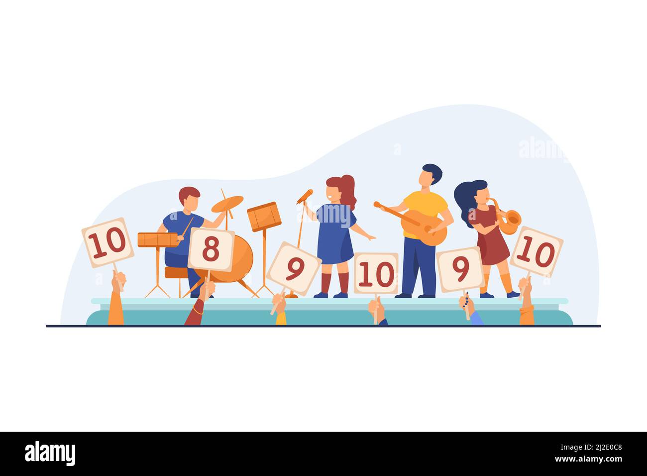I bambini giocano lo strumento e cantano davanti alla giuria. Segni con punteggi, prestazioni, rappresentazione vettoriale piatta. Talent show, concetto di competizione Illustrazione Vettoriale