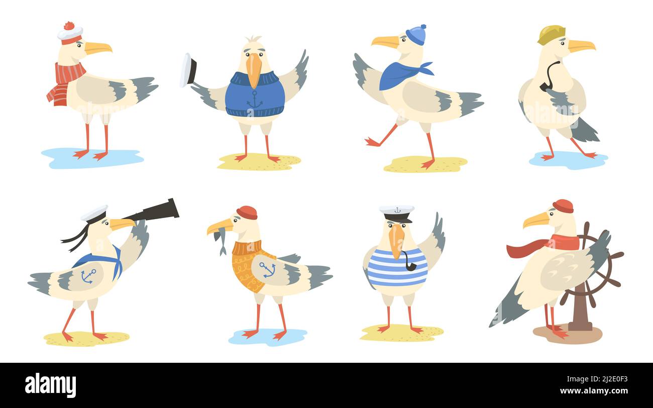 Set gabbiano cartoon. Diverse azioni di uccelli che indossano costumi e cappelli marinai. Illustrazione vettoriale per gabbiano cartoon, carattere marino, vela, veliero Illustrazione Vettoriale