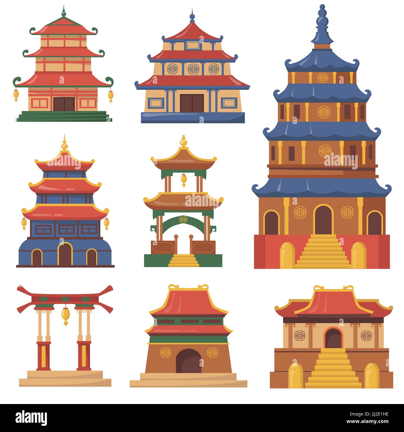 Cultura Cina edifici tradizionali set piatto per il web design. Cartoon palazzi e templi giapponesi, cinesi o coreani isolato vettore illustrazione col Illustrazione Vettoriale