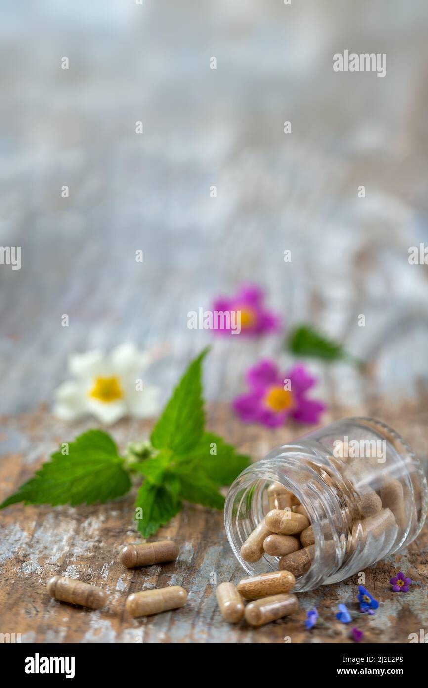 Bottiglia di pillole alimenti suplements medicina sana farmaco cura della salute trattamento additivi farmacia con piante fresche medicinali e sfondo flowerson Foto Stock