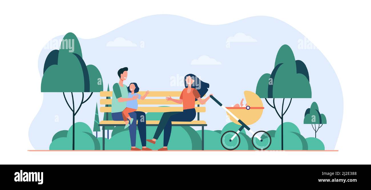 La famiglia può divertirsi nel parco. Genitori, bambino seduto su panca a passeggino. Illustrazione vettoriale piatta. Passeggiate all'aperto, weekend insieme concetto Illustrazione Vettoriale