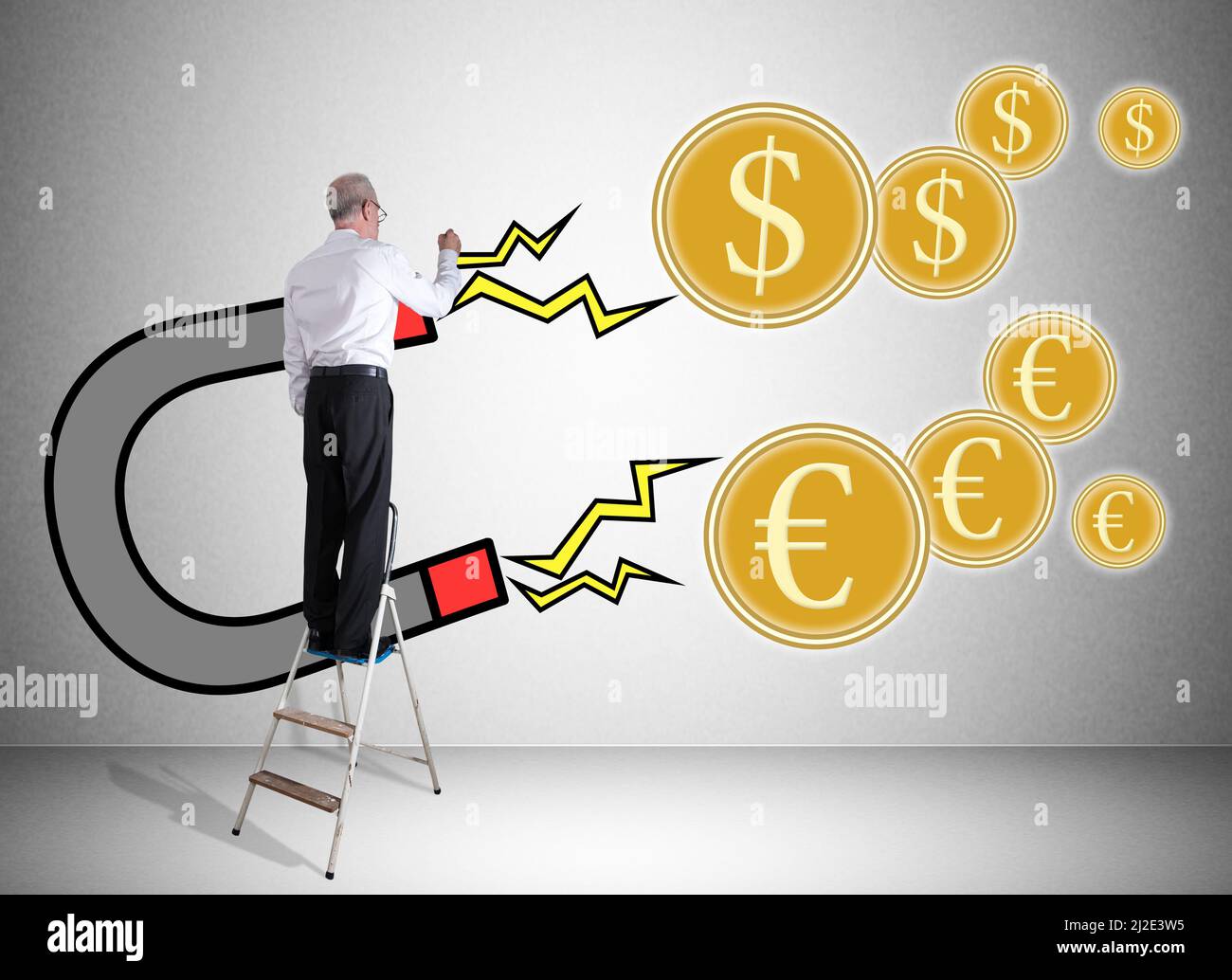 L'uomo su una scala che disegna il concetto di attrazione di soldi su una  parete Foto stock - Alamy
