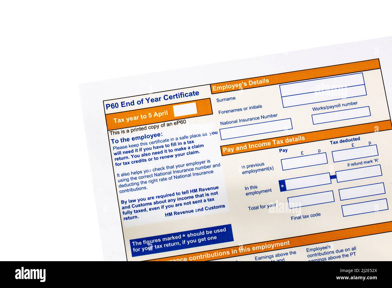 P60 certificato di fine anno rilasciato da HMRC nel Regno Unito. Modulo IVA vuoto Foto Stock