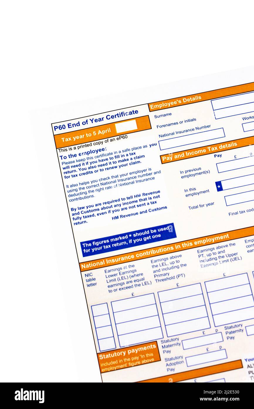 P60 certificato di fine anno rilasciato da HMRC nel Regno Unito. Modulo IVA vuoto Foto Stock