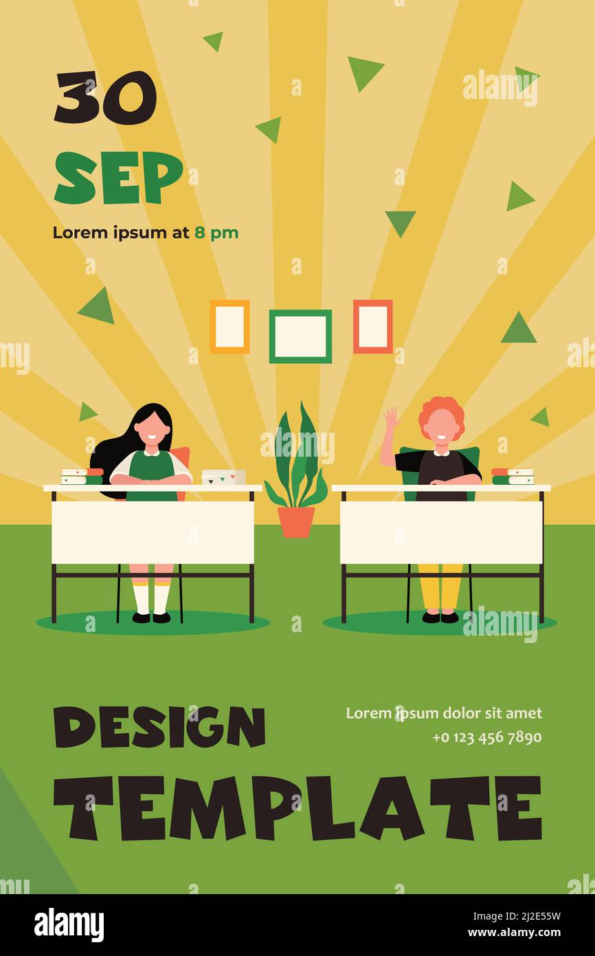 Felici alunni che studiano in classe isolato flat vettoriale illustrazione. Cartoni animati bambini personaggi seduti a tavoli in lezione di scuola. Studio, esame e. Illustrazione Vettoriale