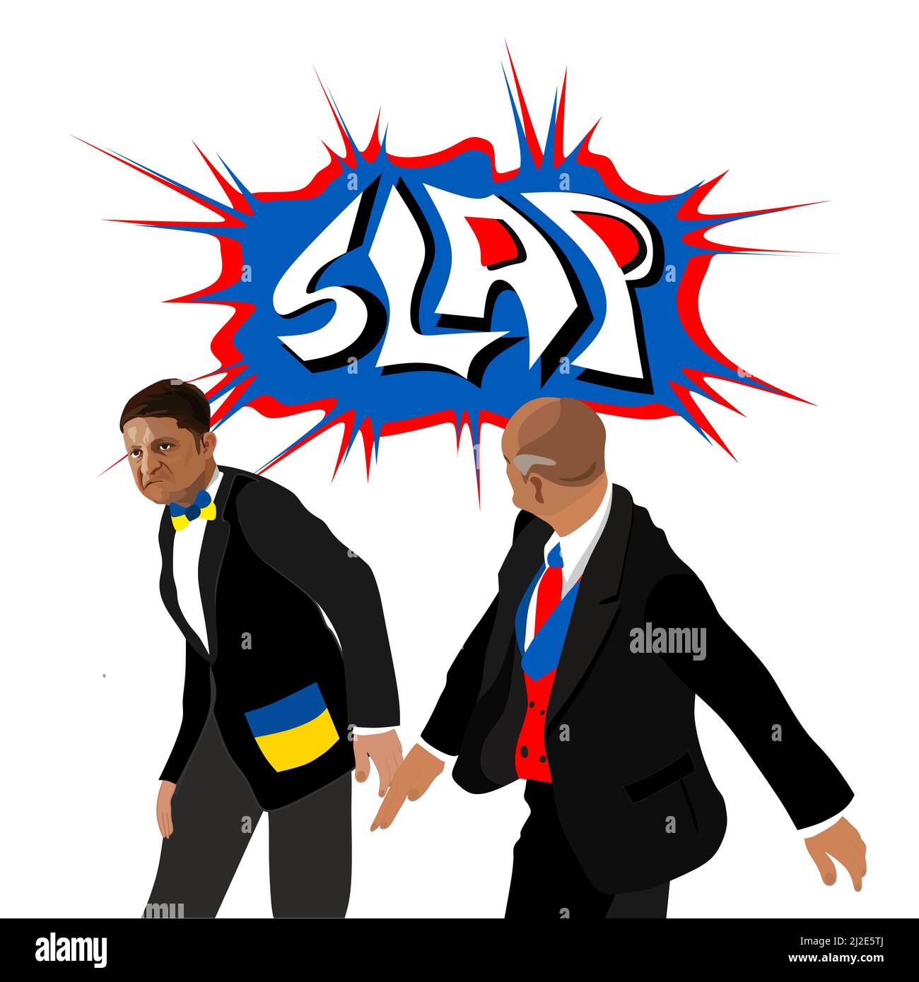 Il presidente russo Putin schiaffa il presidente ucraino Zelensky con il discorso comico Slap Bubble Cartoon in stile isolato. Putin contro Zelenskii. Pres Foto Stock