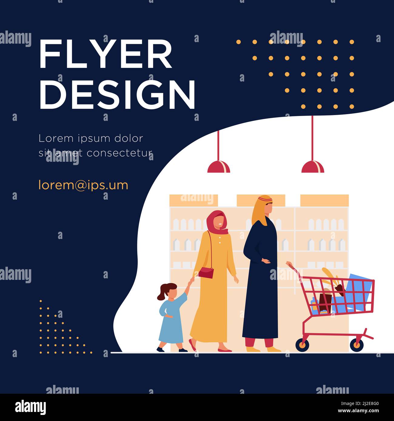 Famiglia musulmana che acquista cibo nel supermercato. Personaggi arabi cartoni animati Wheeling carrello della spesa nel negozio di alimentari. Illustrazione vettoriale per la vendita al dettaglio, lo stile di vita, Illustrazione Vettoriale