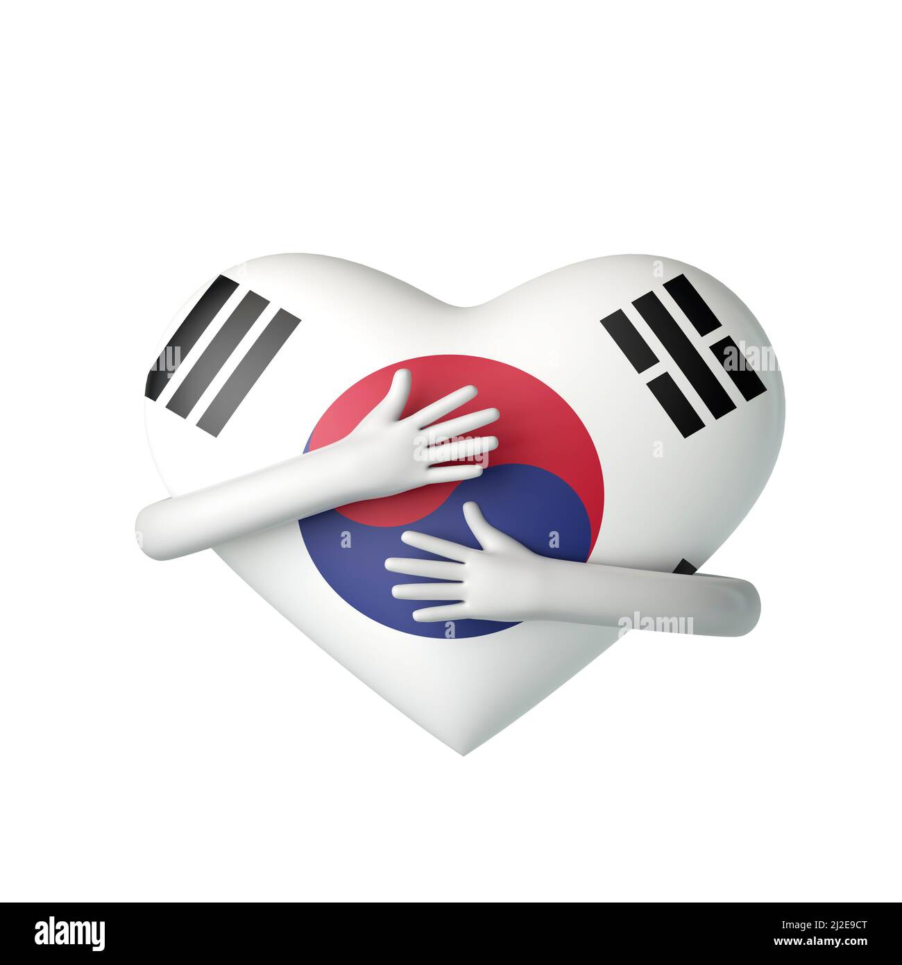 Il cuore della bandiera della Corea del Sud è abbracciato dalle armi. 3D rendering Foto Stock