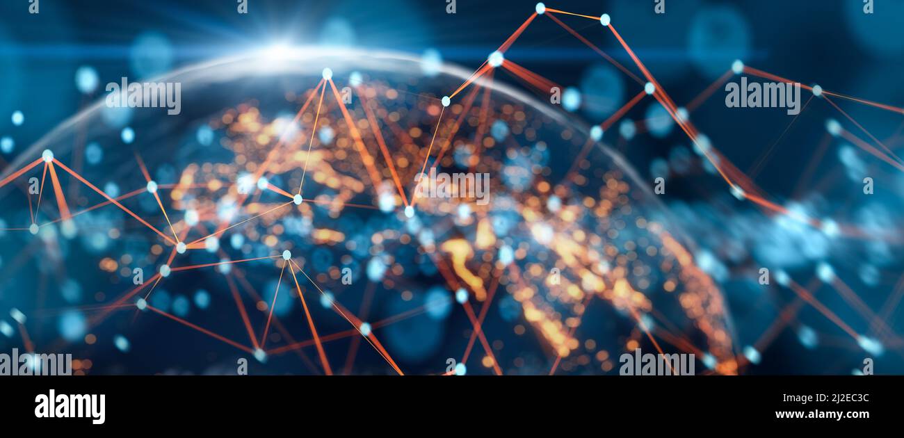 Plesso astratto nello spazio. Pianeta terra in background, affari ed economia nel mondo. 3D rendering. Foto Stock