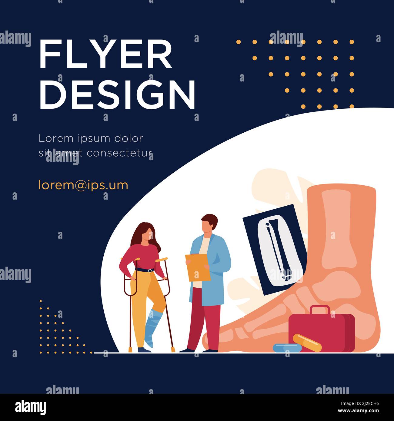 Polidiatristo che esamina la caviglia e il piede della paziente femminile. Donna su stampelle con gesso su gamba medico di consulenza con raggi X. Illustrazione vettoriale per tre Illustrazione Vettoriale