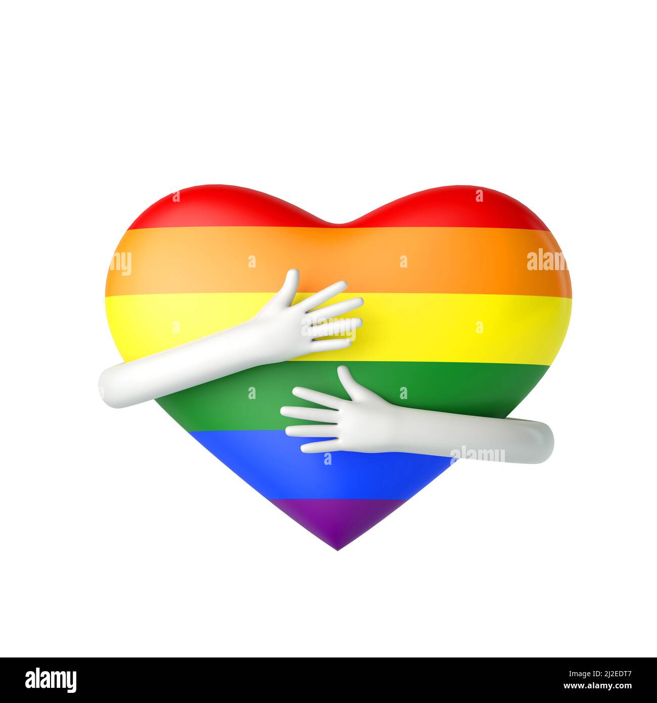 Il cuore della bandiera gay è abbracciato dalle braccia. 3D rendering Foto Stock