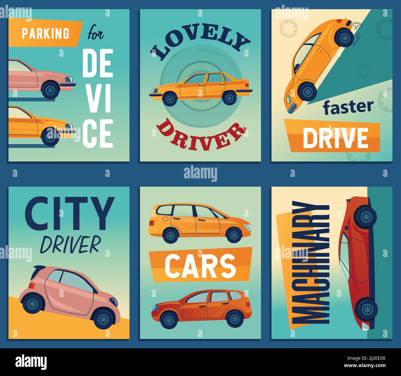 Biglietti d'auguri positivi con auto di città. Cartoline creative per i conducenti con testo e macchine colorate. Concetto di trasporto e trasporto. T Illustrazione Vettoriale
