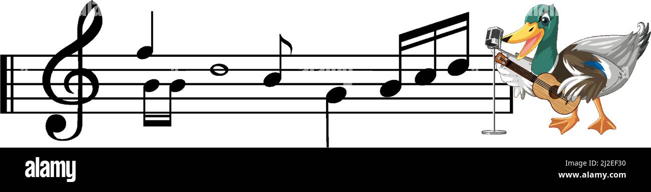 La chitarra anatra suona, ukulele con illustrazione di nota musicale Illustrazione Vettoriale