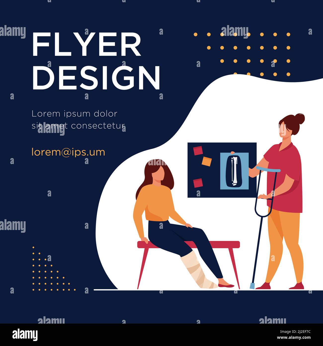 Donna con ferita gamba rotta in calco di gesso seduta in ufficio medico, prendendo raggi X e crutch. Illustrazione vettoriale per trauma, ospedale, trattamento, Illustrazione Vettoriale