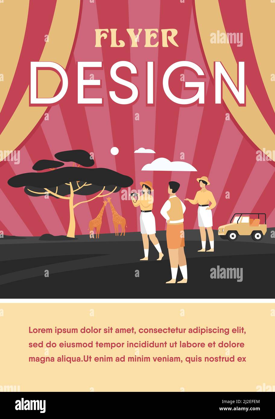 Safari turisti godere di avventura viaggio, guardare gli animali e scattare foto del paesaggio africano, la flora e la fauna. Illustrazione vettoriale per jeep a. Illustrazione Vettoriale