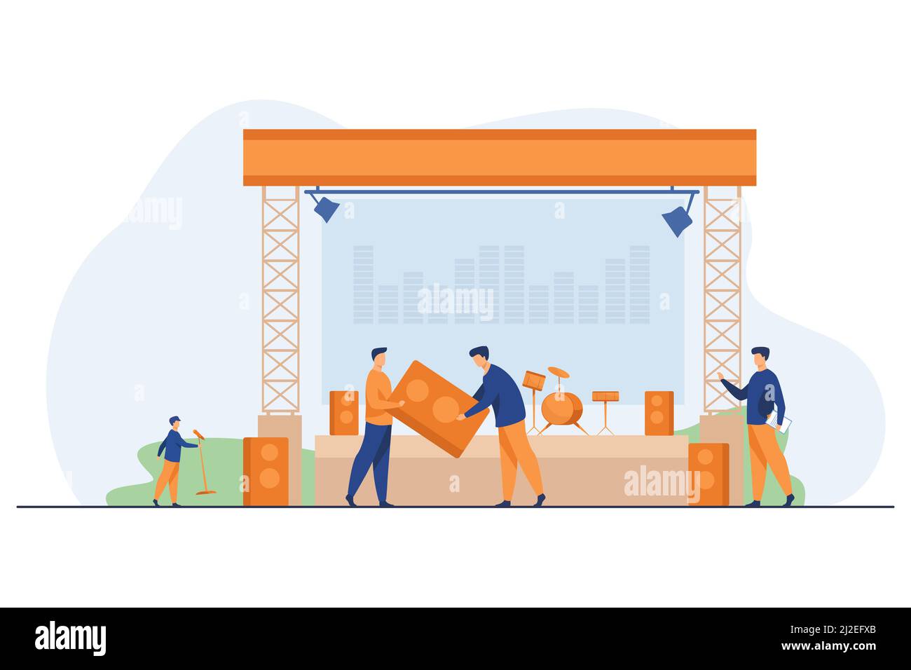 Tecnici che preparano apparecchiature audio per concerti. Tavola, festival, altoparlante piatto illustrazione vettoriale. Concetto di intrattenimento e musica per banner, web Illustrazione Vettoriale