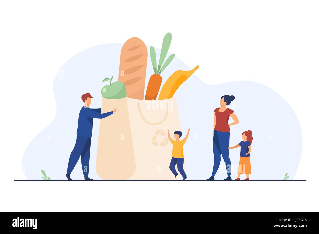 Piccola famiglia alla borsa della spesa con cibo sano. Genitori, bambini, verdure fresche piatto illustrazione vettoriale. Nutrizione sana, sanità, conce di stile di vita Illustrazione Vettoriale