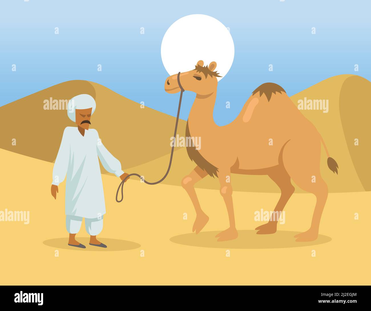 Uomo arabo con un cammello a gobba nel deserto. Animali dromedari selvatici e personaggi beduini cartoni animati in natura. Illustrazione vettoriale piatta. Egitto paesaggio conc Illustrazione Vettoriale
