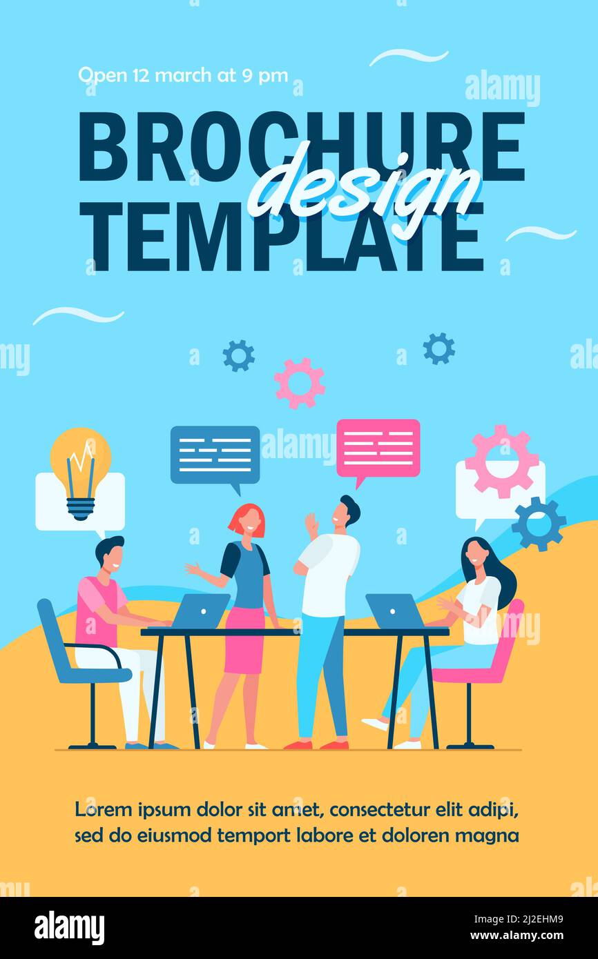 Illustrazione vettoriale piatta del processo di lavoro di pianificazione del team aziendale. I colleghi di Cartoon parlano, condividono pensieri e sorridono in ufficio aziendale. Lavoro di squadra Illustrazione Vettoriale