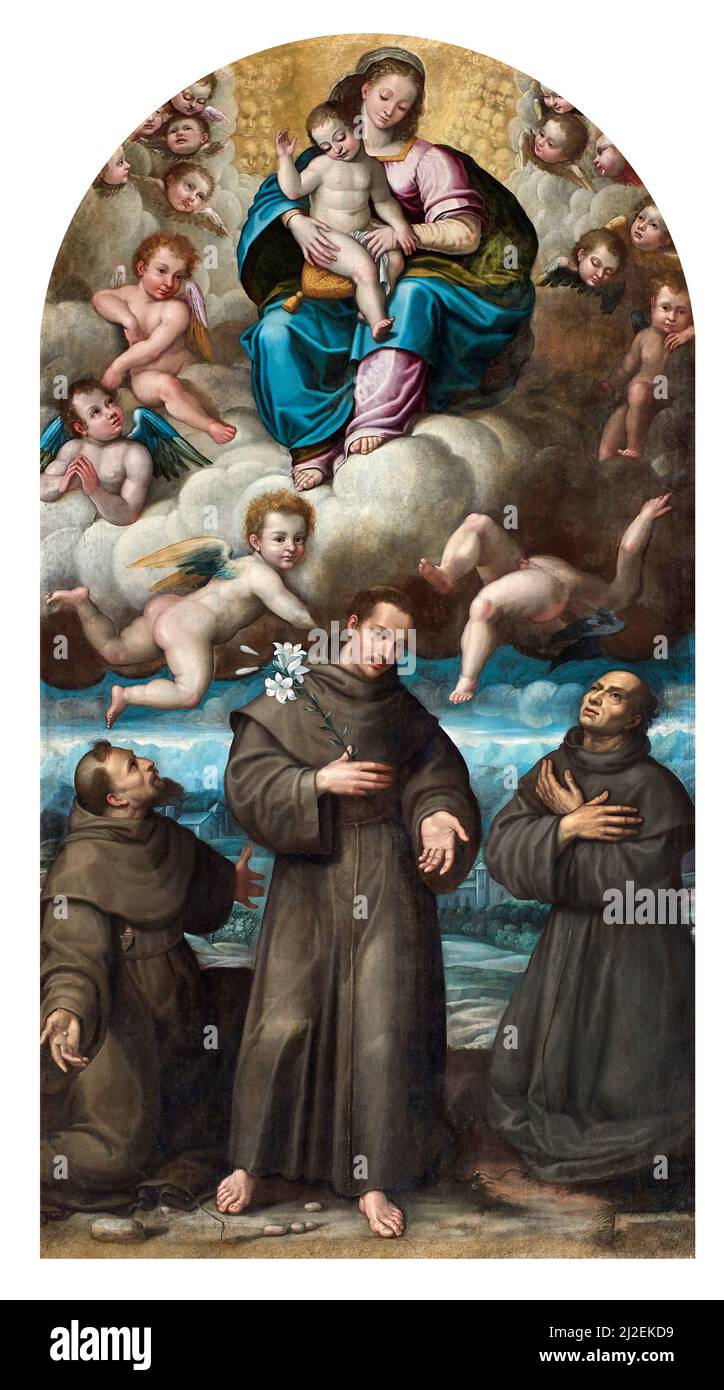 Madonna con Bambino e San Antonio da Padova e due santi francescani - olio su tela - Orazio Camia - 1630 - Piacenza, Italia, chiesa di S. Francesco Foto Stock