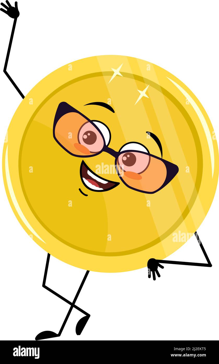 Simpatico personaggio a moneta d'oro con occhiali e allegra emozione, viso, occhi sorridenti, braccia e gambe. Denaro persona con espressione divertente e posa. Illustrazione piatta vettoriale Illustrazione Vettoriale