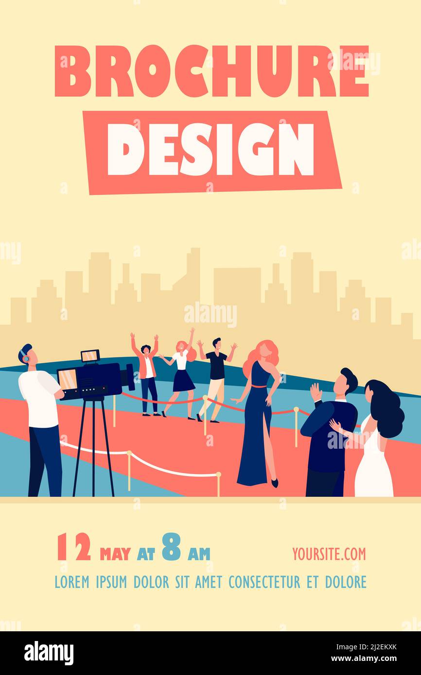 Celebrità che posano a paparazzi e camminando lungo tappeto rosso isolato piatto illustrazione vettoriale. I cartoni animati salutano la famosa star del cinema. Moda Sho Illustrazione Vettoriale