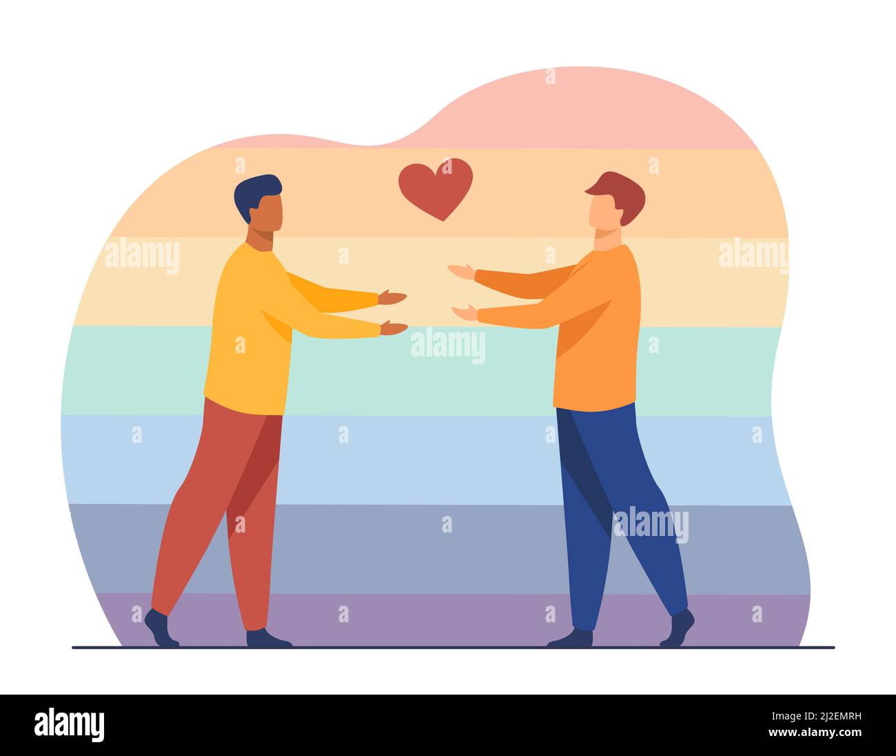 Coppia gay maschile innamorata. Simbolo del cuore, abbraccio, sfondo arcobaleno. Illustrazione vettoriale piatta. Rapporto omosessuale, sfilata, concetto di uguaglianza per banner Illustrazione Vettoriale