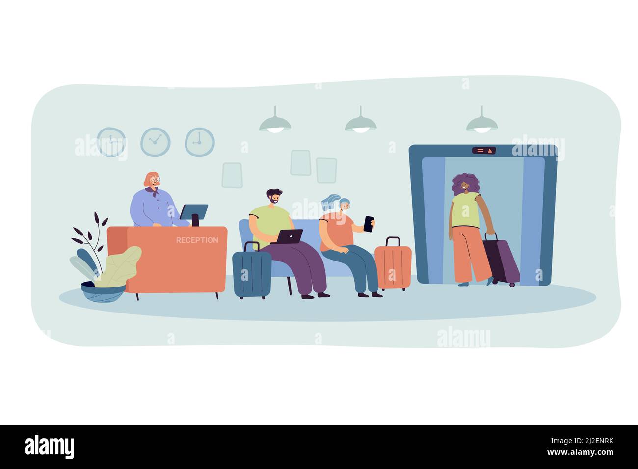 La gente alla reception dell'hotel ha isolato l'illustrazione del vettore piatto. Receptionist cartoon in piedi al banco, donna che usa l'ascensore, turisti seduti sul divano. Illustrazione Vettoriale