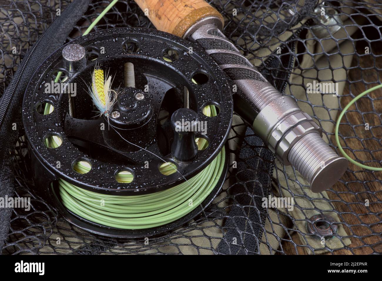 primo piano pesca a mosca asciutta e accessori Foto Stock