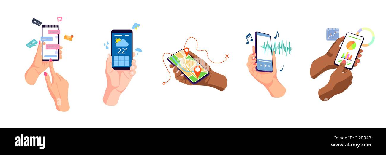 Tenendo le mani in mano, toccando i display dei telefoni cellulari, utilizzando app online set. Chat, meteo, navigazione, lettore musicale, telefono aziendale applicazioni internet. Piatto Illustrazione Vettoriale