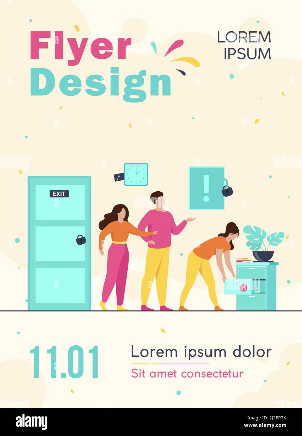 Squadra di amici che cercano la chiave, cercando il tesoro o uscire dalla stanza di ricerca con le serrature. Illustrazione vettoriale per lavoro di squadra, gioco, avventura, attività, e. Illustrazione Vettoriale