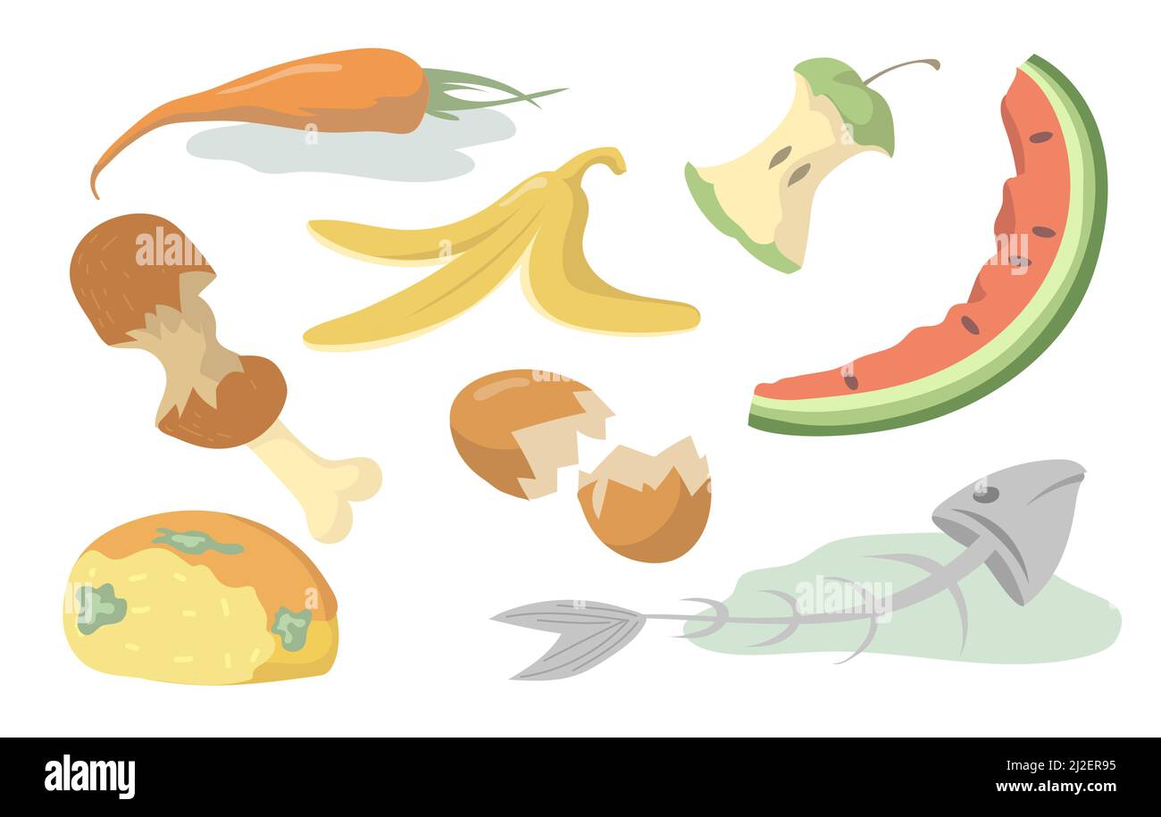 Set di rifiuti alimentari. Frutta marciume, verdure, carne, pesce e pane rifiuti organici isolati su sfondo chiaro. Illustrazione vettoriale per lo smaltimento dei rifiuti, Illustrazione Vettoriale