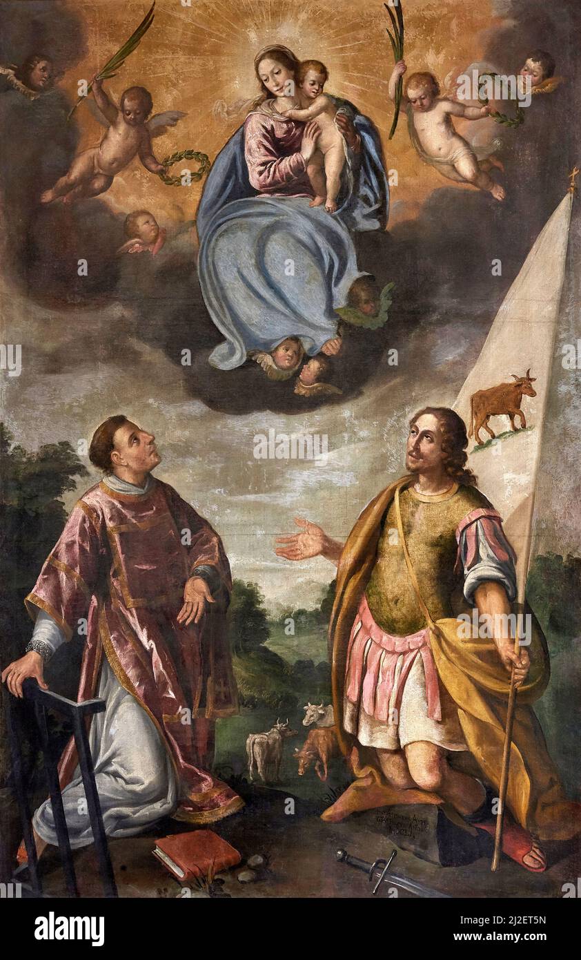 Madonna col Bambino con San Lorenzo e San fermo - olio su tela - Andrea Asperti - 1651 - Zocco di Erbusco (Bs), Italia, chiesa di San Lorenzo Foto Stock