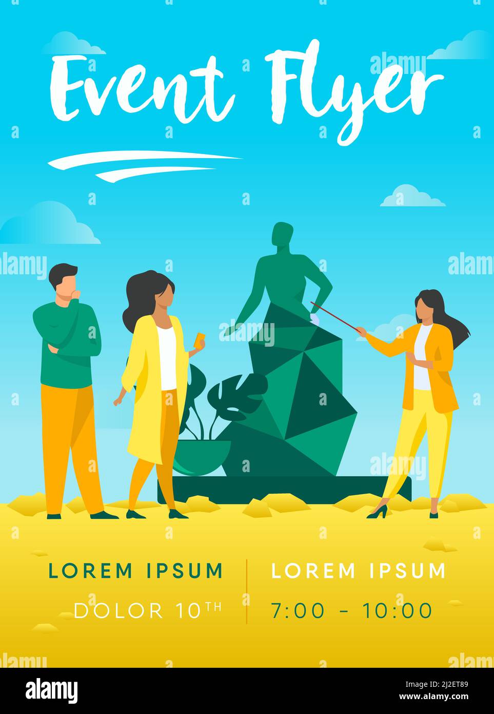 Guida che racconta la scultura ai turisti. Museo, viaggi, divertimento flat illustrazione vettoriale. Arte e intrattenimento concetto per banner, sito web design Illustrazione Vettoriale