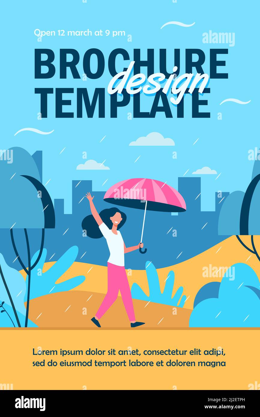 Donna felice che cammina in giornata piovosa con ombrello isolato piatto vettore illustrazione. Il personaggio femminile del cartone animato è all'aperto e la pioggia autunnale. Orizzontale A. Illustrazione Vettoriale