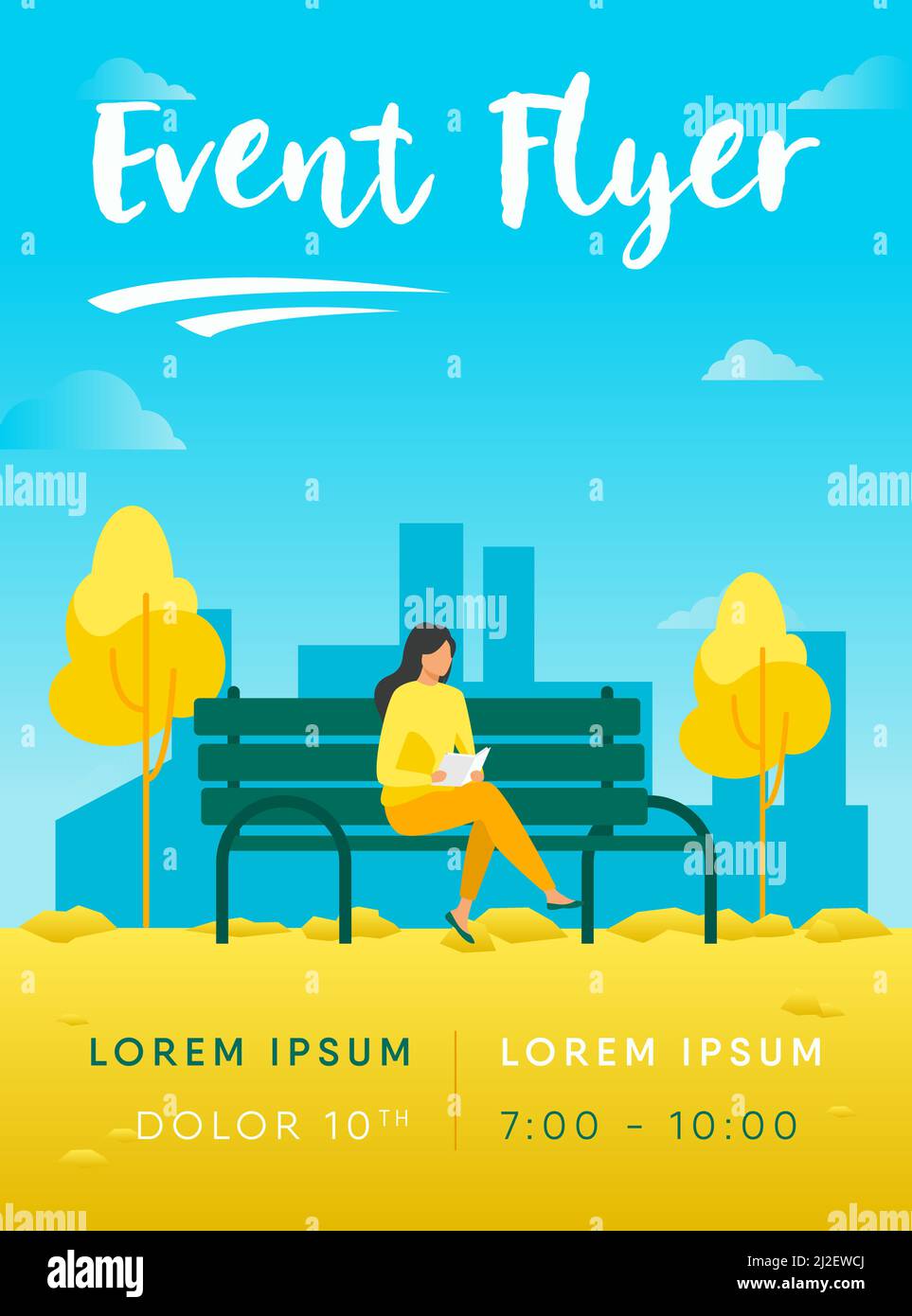 Donna seduta su panchina e libro di lettura. Parco, città, relax flat vettoriale illustrazione. Weekend e natura concetto per banner, sito web o lan Illustrazione Vettoriale