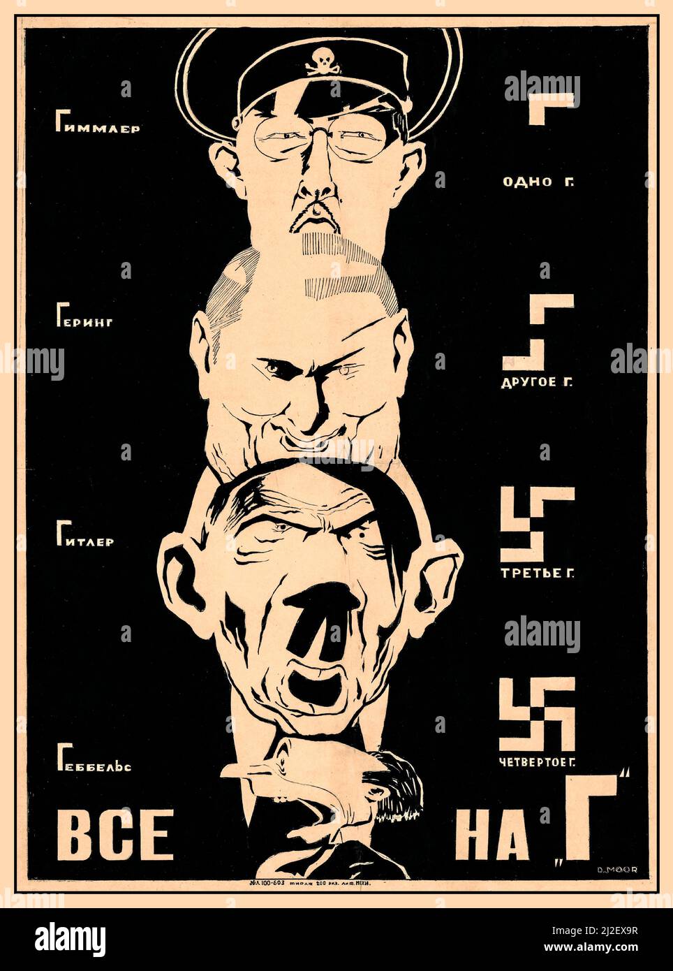 Poster anti-nazista russo vintage del WW2, con i migliori nazisti, Heinrich Himmler, Hermann Goring, Adolf Hitler e Joseph Goebbels. Simbolo di swastika che si forma insieme alle caricature in pieno Swastika 1941 seconda guerra mondiale Foto Stock