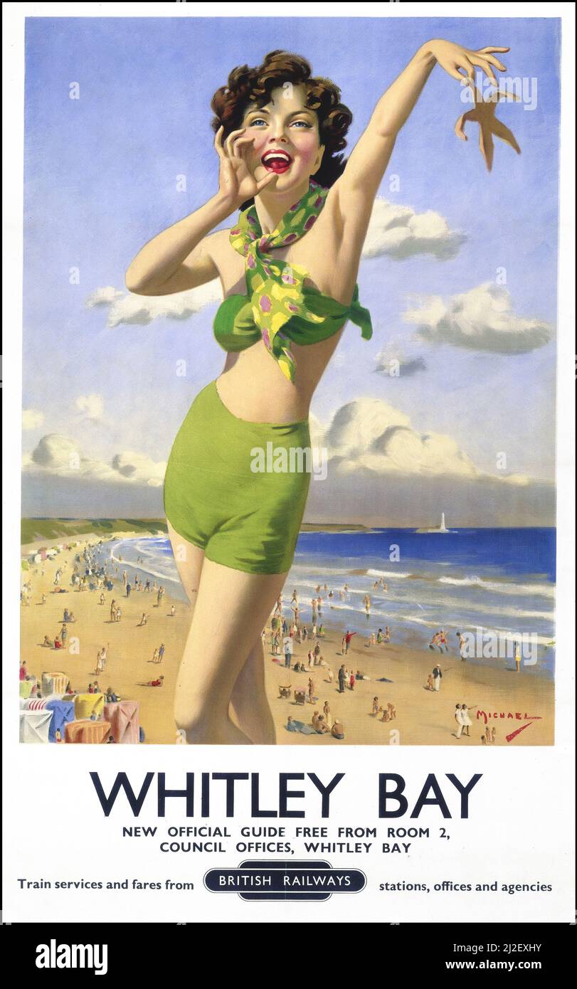 WHITLEY BAY Vintage British UK British Railways poster di viaggio promozionale per Whitley Bay. 1949 artista MICHAEL Seaside Beach Resort costiero Tyne e indossare Nord Est Inghilterra Foto Stock WHITLEY BAY Vintage British UK British Railways poster di viaggio promozionale per Whitley Bay. 1949 artista MICHAEL Seaside Beach Resort costiero Tyne e indossare Nord Est Inghilterra Foto Stock