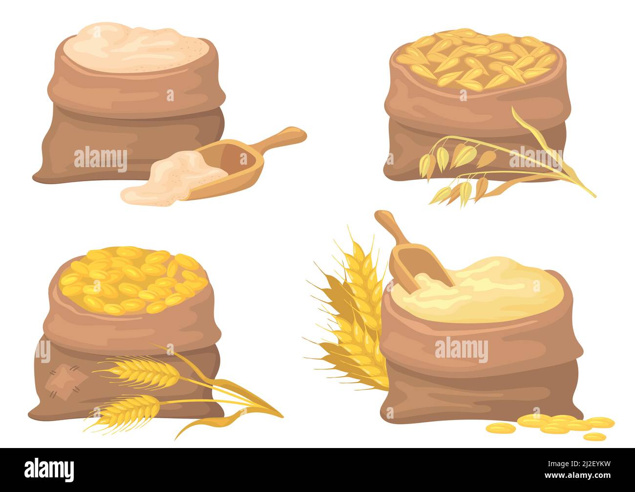 Set di illustrazioni vettoriali per sacchi di grano, segale e farina. Sacchi con orzo e cereali di avena, semi isolati su sfondo bianco. Agricoltura, agricoltura, agr Illustrazione Vettoriale