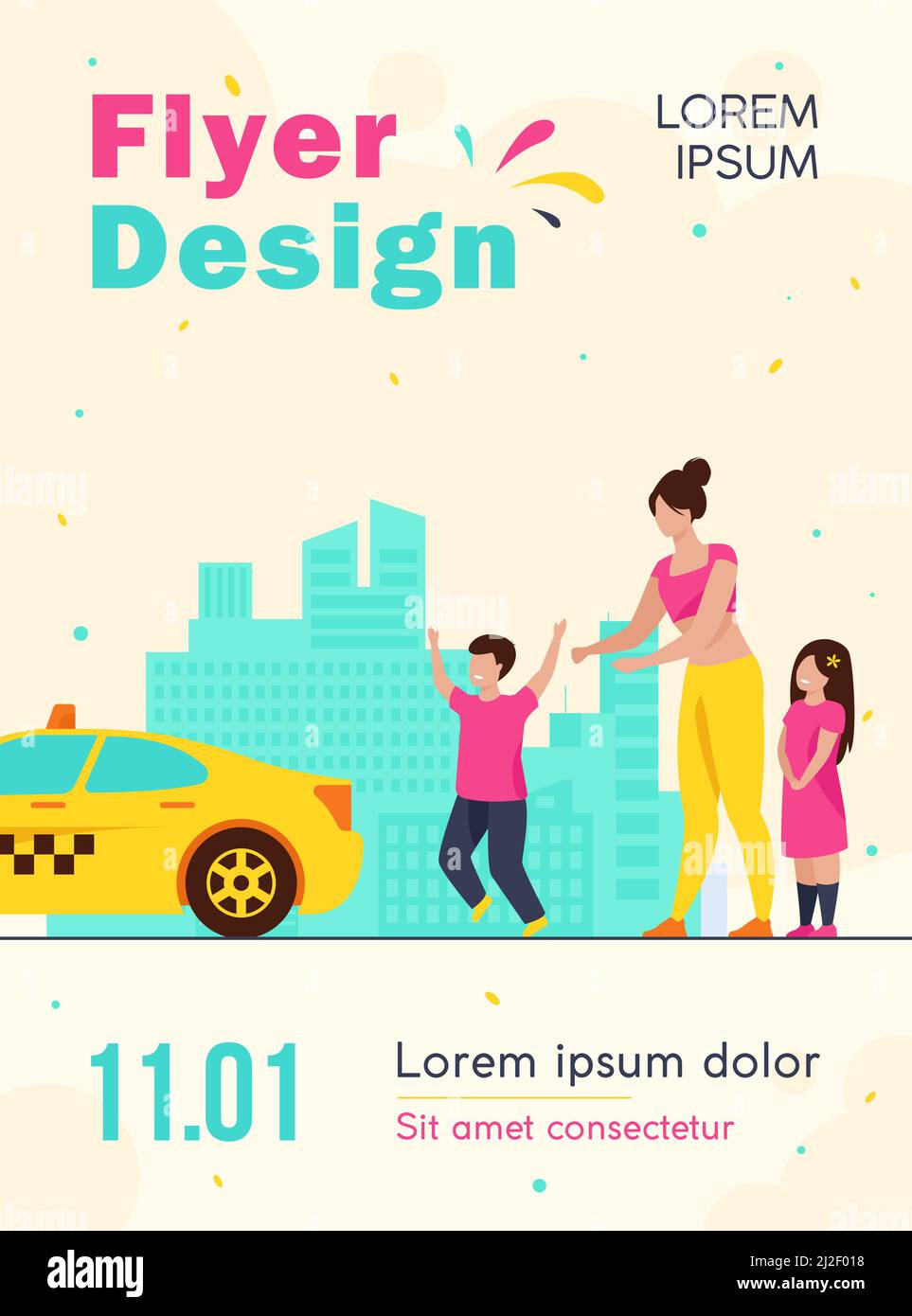 Donna con bambini che si preso in taxi. Illustrazione vettoriale piatta per bambini, veicoli e città. Trasporto e stile di vita urbano concetto per banner, sito web design Illustrazione Vettoriale