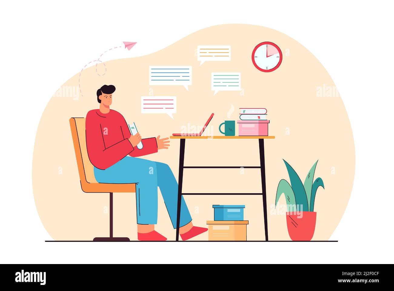 Uomo arrabbiato seduto al tavolo che chiacchiera con il computer portatile. Persona di sesso maschile che ha cattiva conversazione con l'amico. Comunicazione, reti sociali, concetto di problemi per b Illustrazione Vettoriale