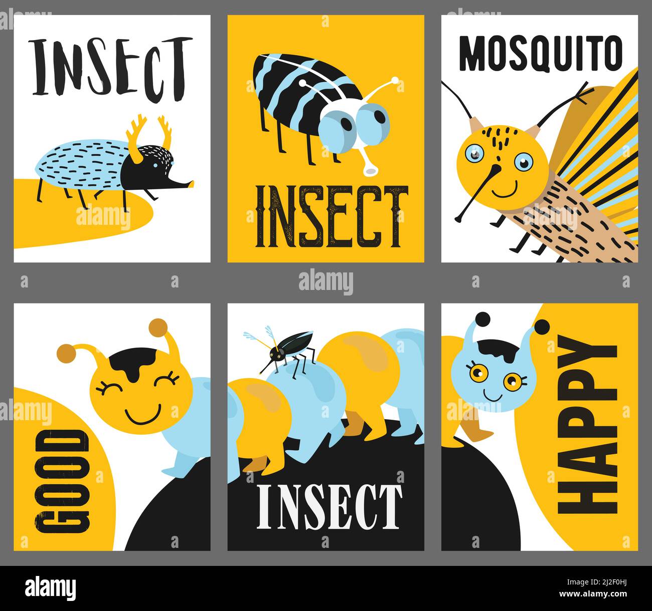 Cartellino giallo con insetti piccanti. Cartoline creative con coleotteri di maggio, zanzara, bruco e cinch. Bug e fauna concetto. Temp Illustrazione Vettoriale