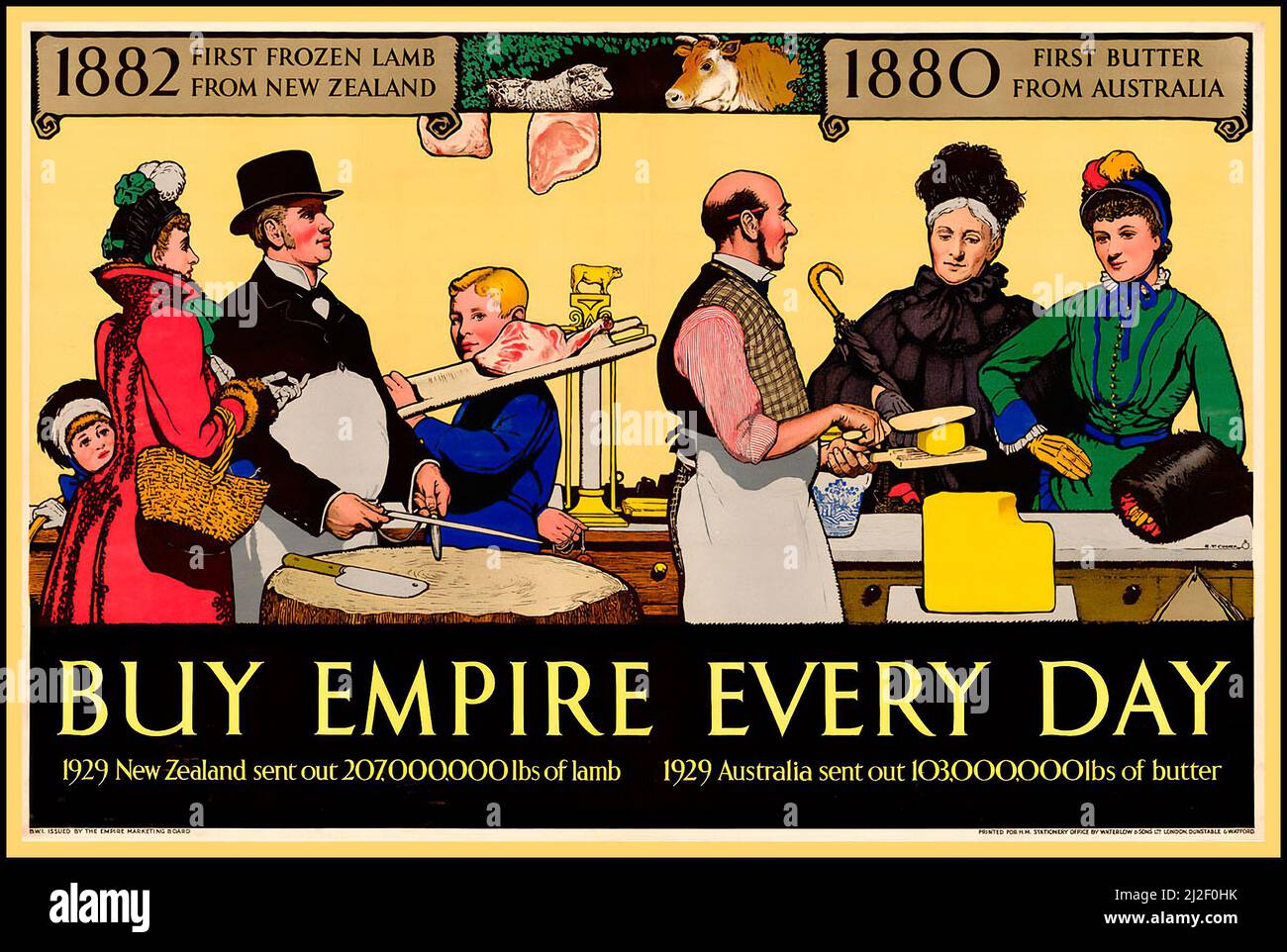 1920s ‘BUY EMPIRE EVERYDAY Poster d’epoca che illustra le importazioni di agnello e burro nel 1800s dalla Nuova Zelanda e dall’Australia. Foto Stock